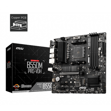 MSI B550M PRO-VDH, m-ATX, socket AM4, chipset AMD B550, 4 modules DIMM, DDR4 double canal jusqu'à 4 400 MHz (OC), 1 emplacement PCIe 4.0/3.0 x16, 2 emplacements M.2, 4 ports USB 3.2 Gen 1, 2 ports USB 2.0, 1 port HDMI, 1 port DP, 1 port VGA, 1 port LAN 1G, audio 7.1, garantie 3 ans