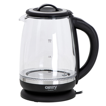 Camry | Bouilloire | CR 1290 | Standard | 2200 W | 2 L | Plastique/verre | Base rotative à 360° | Noir/Transparent