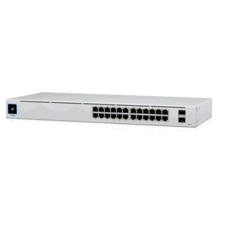 UBIQUITI Standard 24 PoE; (16) GbE PoE+, (8) GbE ports; (2) 1G SFP ports; 95W total PoE availability; Fanless, silent cooling.