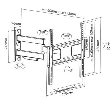 Sunne | Support mural | 23-42-EAX2 | Mouvement complet | 32-55" | Poids maximal (capacité) 50 kg | Noir