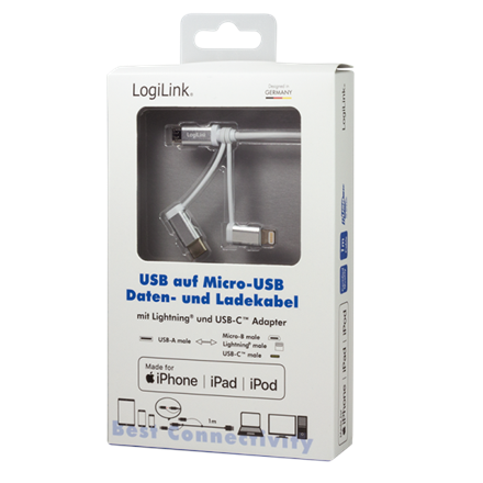 CABLU alimentare si date LOGILINK, telefon, 3 + 1, USB 2.0 (T) la Lightning (T) + Micro-USB 2.0 (T) + USB 2.0 Type-C (T), 1m, argintiu, "CU0126" (timbru verde 0.08 lei)
