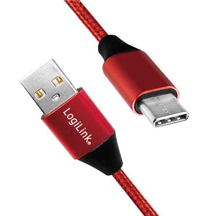 Câble d'alimentation et de données LOGILINK, pour smartphone, USB 2.0 (T) vers USB 2.0 Type-C (T), 1 m, câble tressé en coton de qualité supérieure, rouge, « CU0148 » (timbre vert 0,08 lei)