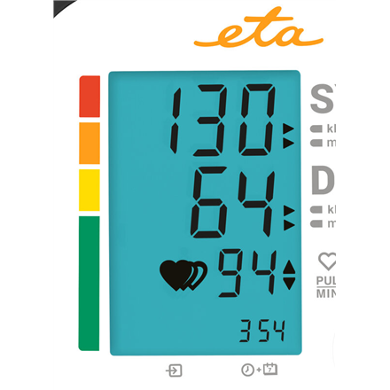 ETA | Upper Arm Blood Pressure Monitor | ETA229790000 | Memory function | Number of users 2 user(s) | 4 | Suitable for home use. Measurement of systolic and diastolic pressure, pulse. Oscillometric measurement method. Display of measured values on LCD.