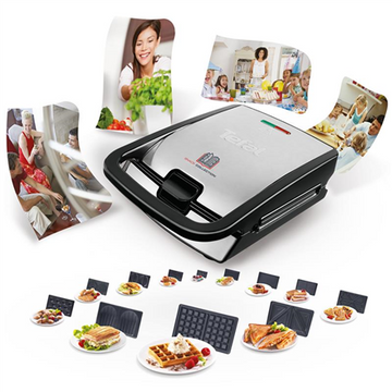 TEFAL | Appareil à croque-monsieur | SW854D | 700 W | Nombre de plaques : 4 | Nombre de pâtisseries : 2 | Noir/Acier inoxydable