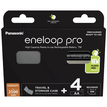 Rechargeable batteries PANASONIC ENELOOP PRO AA 2500 mAh 4 szt + case (BK-3HCDE/4CP+CASE)