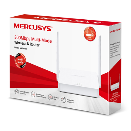 Wireless Router|MERCUSYS|Wireless Router|300 Mbps|IEEE 802.11b|IEEE 802.11g|IEEE 802.11n|2x10/100M|LAN \ WAN ports 1|Number of antennas 2|MW302R