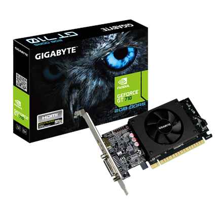 Gigabyte | Profil bas | NVIDIA | 2 Go | GeForce GT 710 | GDDR5 | Refroidissement actif | Ports HDMI : 1 | PCI Express 2.0 | Fréquence mémoire : 5 010 MHz | Fréquence processeur : 954 MHz
