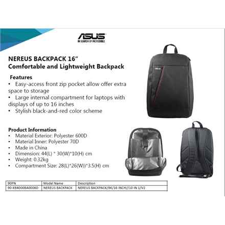 Asus | NEREUS | Convient aux ordinateurs jusqu'à 16 pouces | Sac à dos | Noir