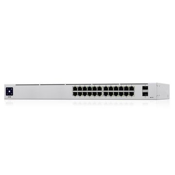 UBIQUITI Standard 24 PoE; (16) GbE PoE+, (8) GbE ports; (2) 1G SFP ports; 95W total PoE availability; Fanless, silent cooling.