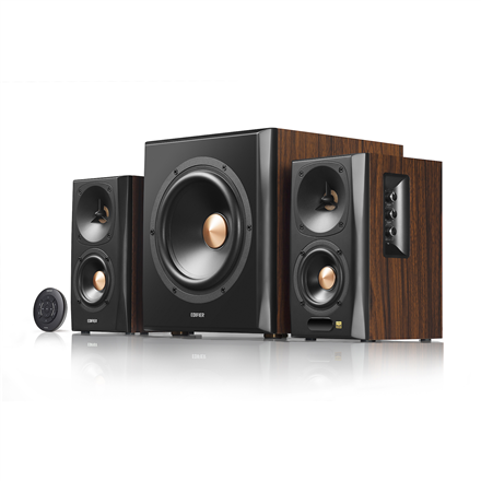 BOXE EDIFIER 2.1, RMS: 155W (2 x 10W, 2 x 30W, 1 x 75W), bluetooth, telecomanda wireless, woofer wireless, volum, bass, treble, optical, coaxial, brown, "S360DB" (timbru verde 11.00 lei)