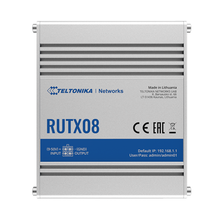 Routeur industriel | RUTX08 | Sans Wi-Fi | 10/100/1000 Mbit/s | 4 ports Ethernet LAN (RJ-45) | Non compatible Mesh | Non compatible MU-MiMO | Sans haut débit mobile | 1 | 24 mois