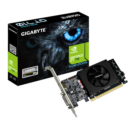 Gigabyte | Profil bas | NVIDIA | 2 Go | GeForce GT 710 | GDDR5 | Refroidissement actif | Ports HDMI : 1 | PCI Express 2.0 | Fréquence mémoire : 5 010 MHz | Fréquence processeur : 954 MHz
