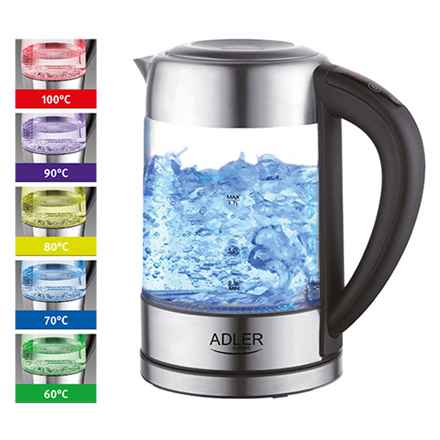 Adler | Bouilloire | AD 1247 NEUF | Avec commande électronique | 1850 - 2200 W | 1,7 L | Acier inoxydable, verre | Base rotative à 360° | Acier inoxydable/Transparent