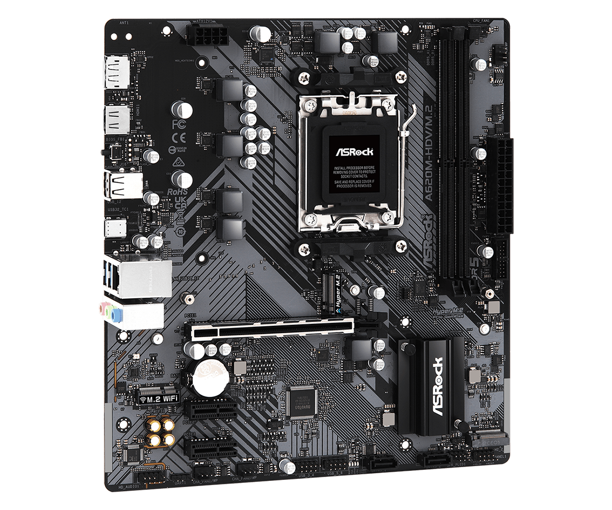 Carte mère ASROCK MB Desktop A620M-HDV/M2, AM5, 2x DDR5, 1x PCIe 4.0 x16, 2x PCIe 3.0 x1, 1x Hyper M.2 (PCIe Gen4x4), 2x SATA3 6.0 Gb/s, 1x HDMI, 1x DisplayPort, 1x Gigabit LAN, 5x USB 3.2, 6x USB 2.0, 1x USB-C, Micro ATX