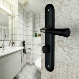 2 poignées de porte sur plaque CLEO, Verrou de condamnation pour salle de bain/WC, Finition bois noir, Entraxe standard 195 mm