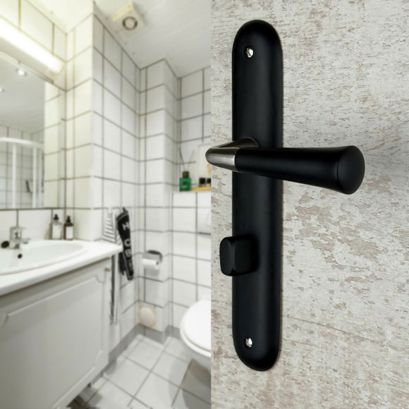 2 poignées de porte sur plaque CLEO, Verrou de condamnation pour salle de bain/WC, Finition bois noir, Entraxe standard 195 mm