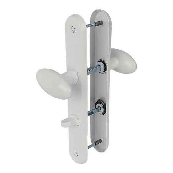 2 poignées de porte sur plaque CHIC, Verrou de condamnation pour salle de bain/WC, Aluminium blanc RAL 9016, Entraxe 195 mm