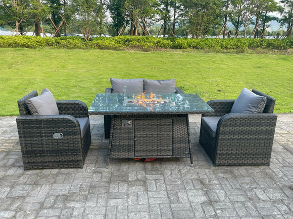 Fimous Dark Mix Grey Rotin Outdoor Garden Furniture Gas Firepit Table Set Chauffage à Gaz Amour Canapé Chaise Longue 4 Places