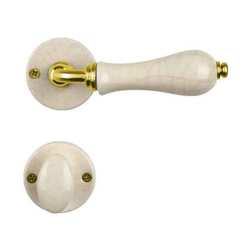 2 poignées sur rosaces rondes LIZON, Verrou de condamnation pour salle de bain/WC, Porcelaine beige craquelé, Finition coude en Laiton poli doré