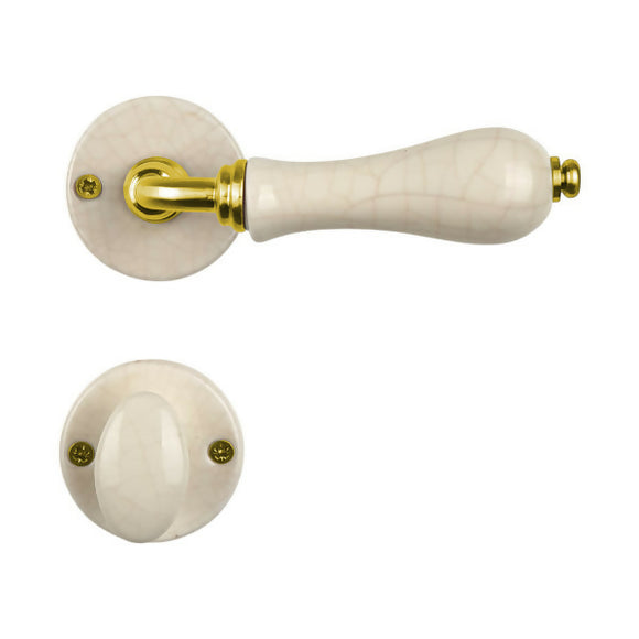 2 poignées sur rosaces rondes LIZON, Verrou de condamnation pour salle de bain/WC, Porcelaine beige craquelé, Finition coude en Laiton poli doré
