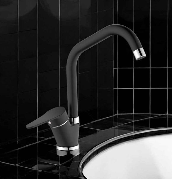 Miscelatore per cucina in ottone finitura granito nero, canna a ponte