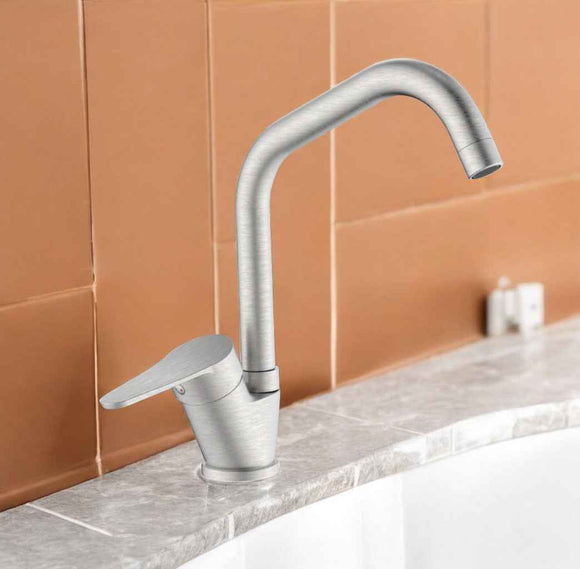 Miscelatore per cucina in ottone finitura acciaio spazzolato, canna a ponte