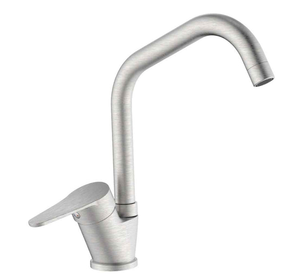 Miscelatore per cucina in ottone finitura acciaio spazzolato, canna a ponte