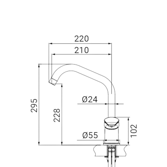 Miscelatore per cucina in ottone cromato, canna a ponte