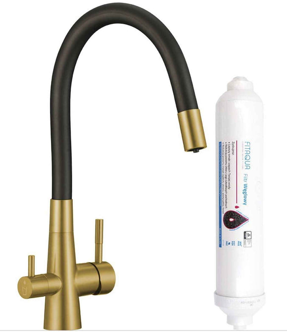 Rubinetto cucina con filtro acqua e bocca flessibile – 2 leve oro spazzolato e nero