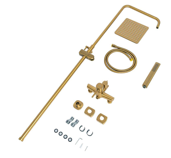 Colonna doccia oro spazzolato | Soffione a pioggia quadrato, doccetta portatile, sistema anticalcare e flessibile antitorsione
