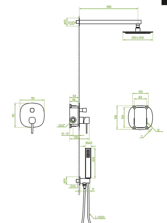Set doccia – oro lucido, soffione, braccio doccie e miscelatore