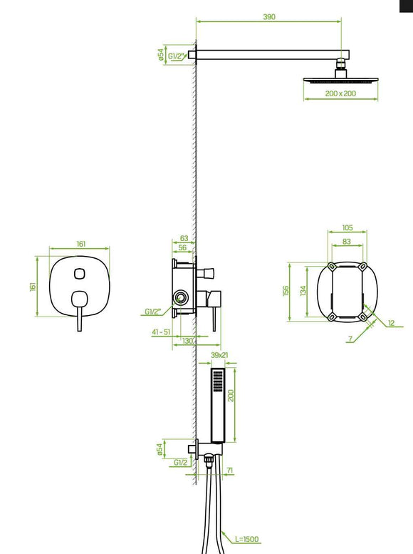Set doccia – nero opaco, soffione, braccio doccia e miscelatore doccia