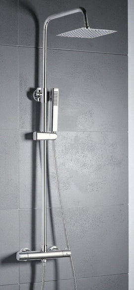 Colonna doccia con rubinetto termostatico | Soffione a pioggia quadrato, doccetta, sistema anticalcare, flessibile anti-torsione cromato - 0