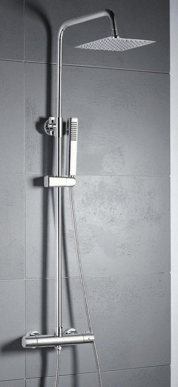 Colonna doccia con rubinetto termostatico | Soffione a pioggia quadrato, doccetta, sistema anticalcare, flessibile anti-torsione cromato