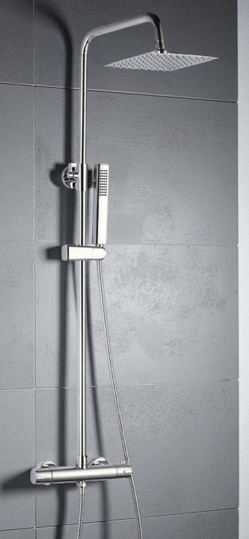 Colonna doccia con rubinetto termostatico | Soffione a pioggia quadrato, doccetta, sistema anticalcare, flessibile anti-torsione cromato - 0