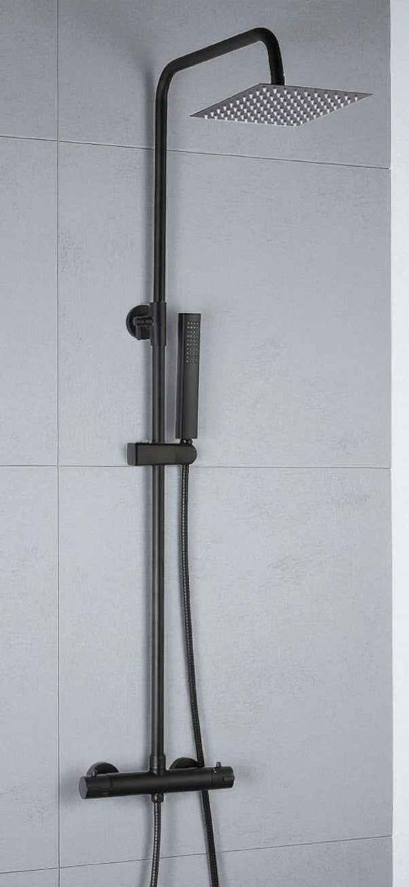 Colonna doccia nera con rubinetto termostatico | Soffione a pioggia quadrato, doccetta, flessibile antitorsione, altezza regolabile
