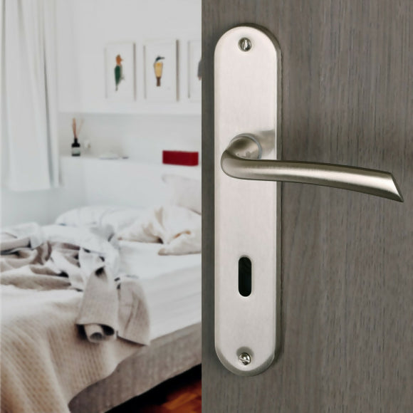 2 poignées de porte sur plaque RHAPSODIE, Entrée de clé pour chambre, Finition zamak nickel mat, Entraxe standard 195 mm
