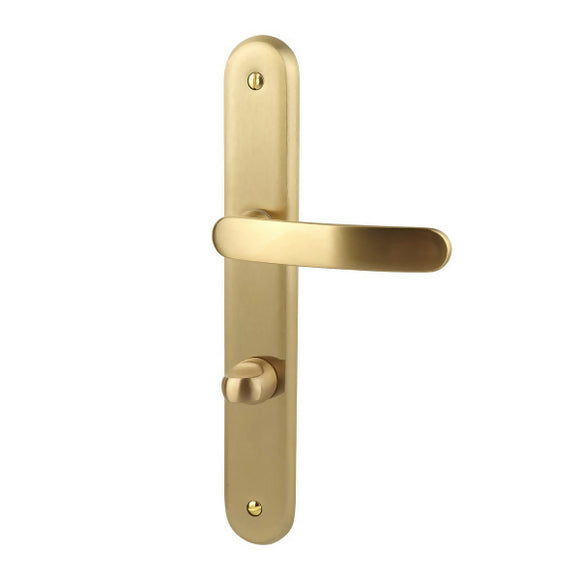 2 poignées de porte sur plaque VINTAGE, Verrou condamnation pour salle de bain/WC, Finition laiton doré satiné, Entraxe stand 195 mm