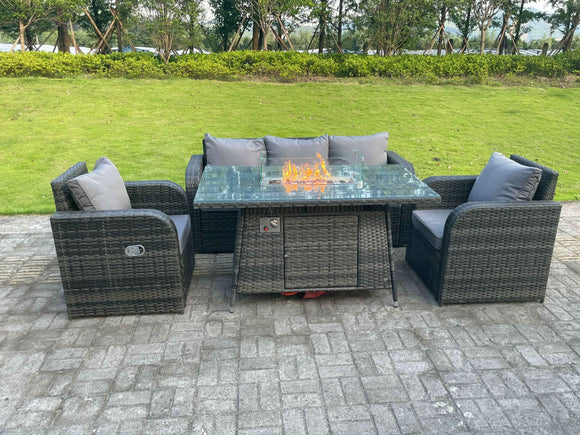 Fimous Dark Mixed Grey Rotin Outdoor Garden Furniture Foyer à Gaz Table Chauffage à Gaz Set Salon Canapé Chaise Longue 5 Places
