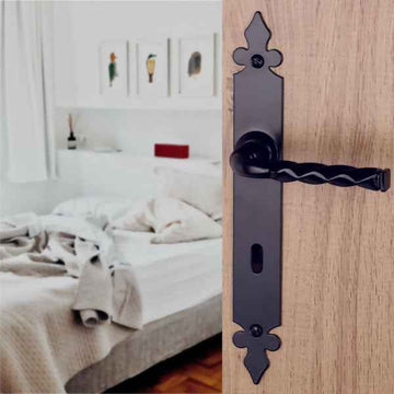 2 poignées de porte sur plaque NANTUA, Entrée de clé pour chambre, Finition aluminium noir, Entraxe standard 195 mm