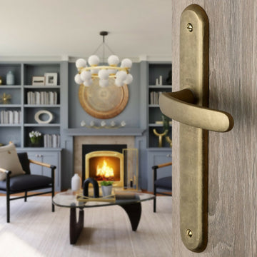 2 poignées de porte sur plaque VINTAGE, Sans trou pour pièce à vivre, Finition laiton brut laqué mat, Entraxe stand 195 mm
