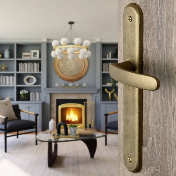 2 poignées de porte sur plaque VINTAGE, Sans trou pour pièce à vivre, Finition laiton brut laqué mat, Entraxe stand 195 mm