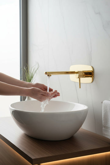 Miscelatore lavabo a incasso – design originale con leve sottili e aeratore regolabile, oro lucido - 0