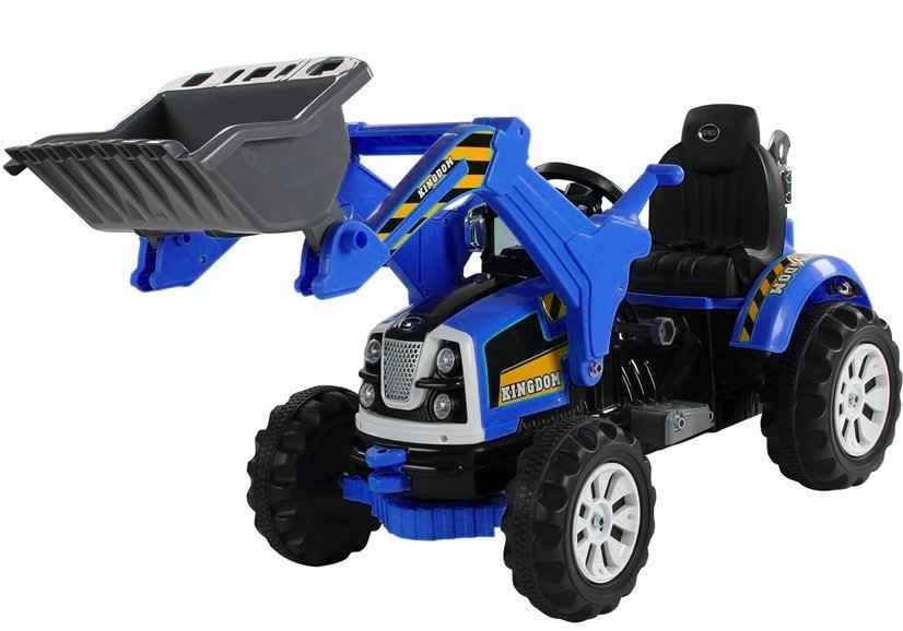 Tracteur électrique autoporté avec pelle à godet bleu