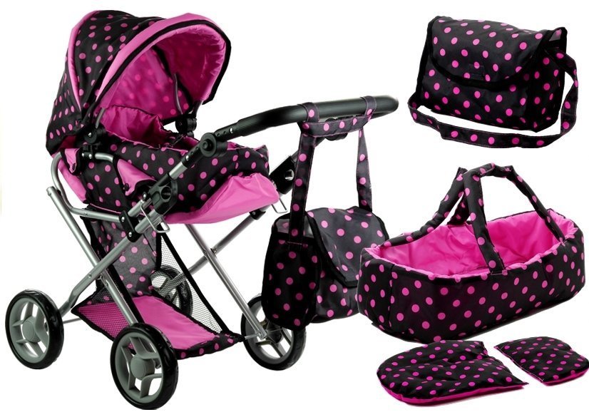 Poussette et bogie pour poupée Alice - avec porte-bébé, sac et literie - Noir à pois roses