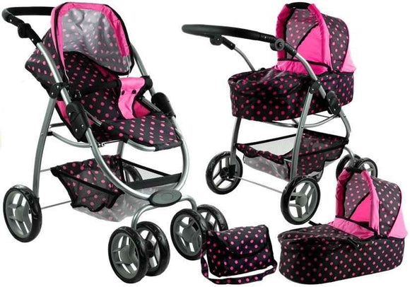 2in1 Doll Bogie and Stroller Alice - Black With Pink Dots