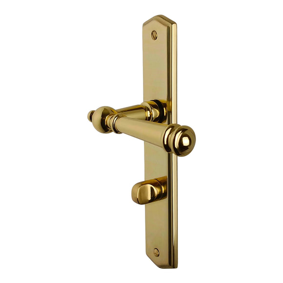 2 poignées de porte ATTILA, Verrou de condamnation pour salles de bain/WC, Finition laiton poli doré, Entraxe standard 195 mm
