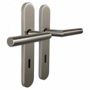 2 poignées de porte universelles Dualfit sur plaque ronde BRUNELLA, Entrée de clé pour chambre, Finition Acier nickel mat bi-entraxe 165-195