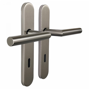 2 poignées de porte universelles Dualfit sur plaque ronde BRUNELLA, Entrée de clé pour chambre, Finition Acier nickel mat bi-entraxe 165-195