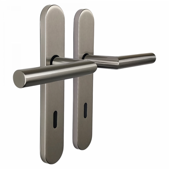 2 poignées de porte universelles Dualfit sur plaque ronde BRUNELLA, Entrée de clé pour chambre, Finition Acier nickel mat bi-entraxe 165-195